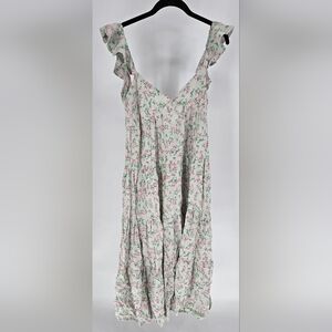 Pink and Green Midi Sundress V-Neck Flutter Sleeves